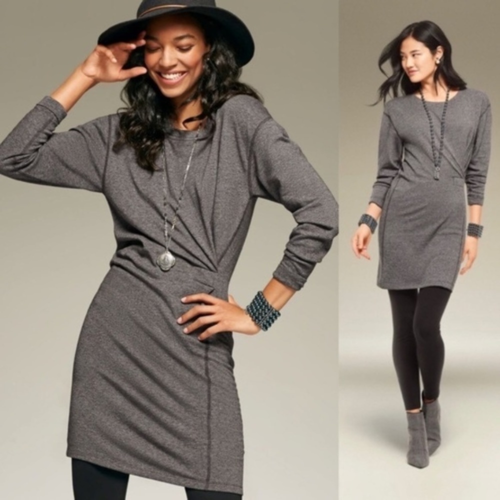 Cabi 3650 Put On Dress Grey Sweatshirt Long Sleeve Gathered Waist Stretch
